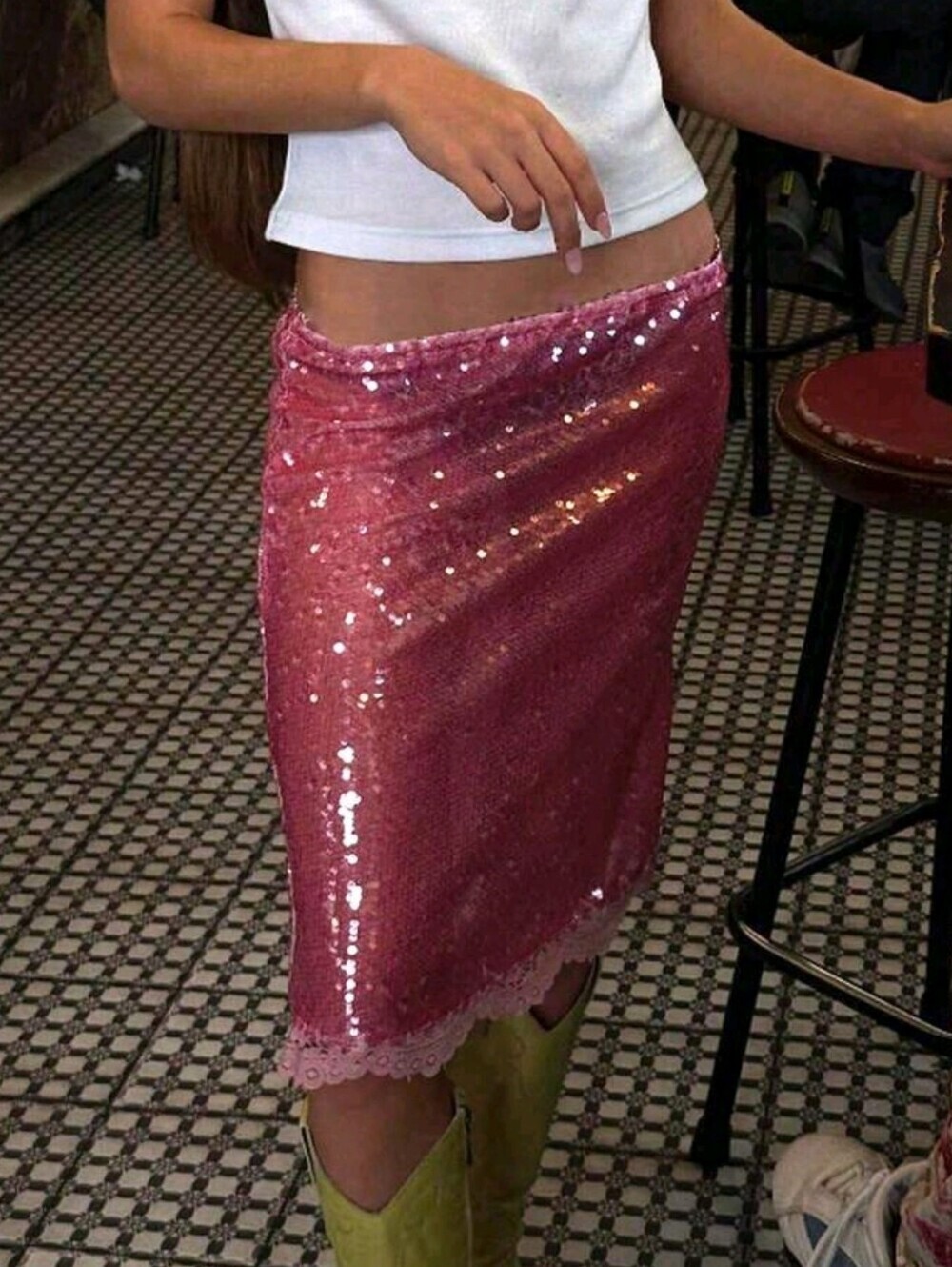 Sequin Midi Skirt with Lace Trim